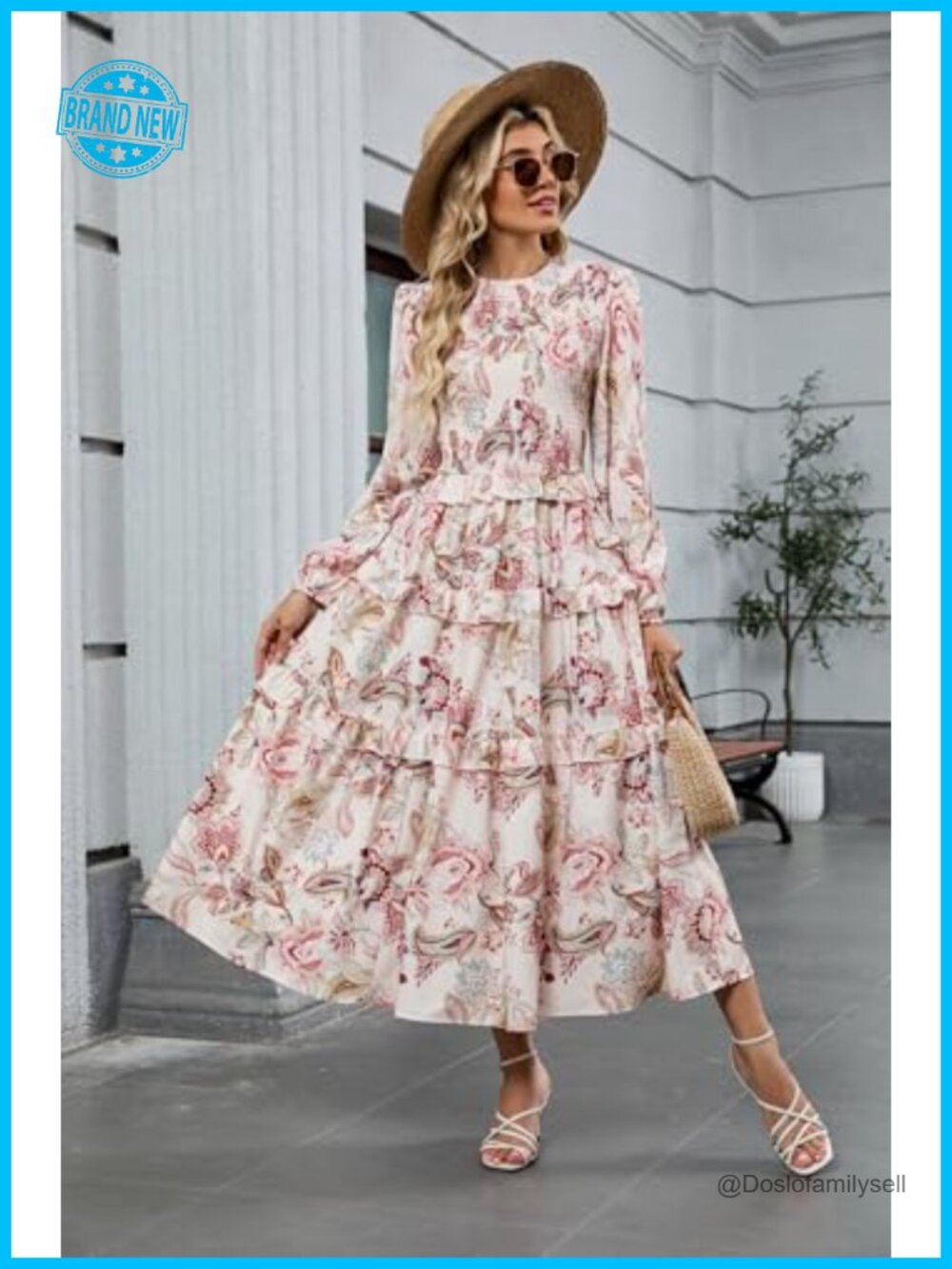 Women's Floral Smocked Maxi Dress Long Puff Sleeve Bohemian Tiered Ruffle - Picture 2 of 7